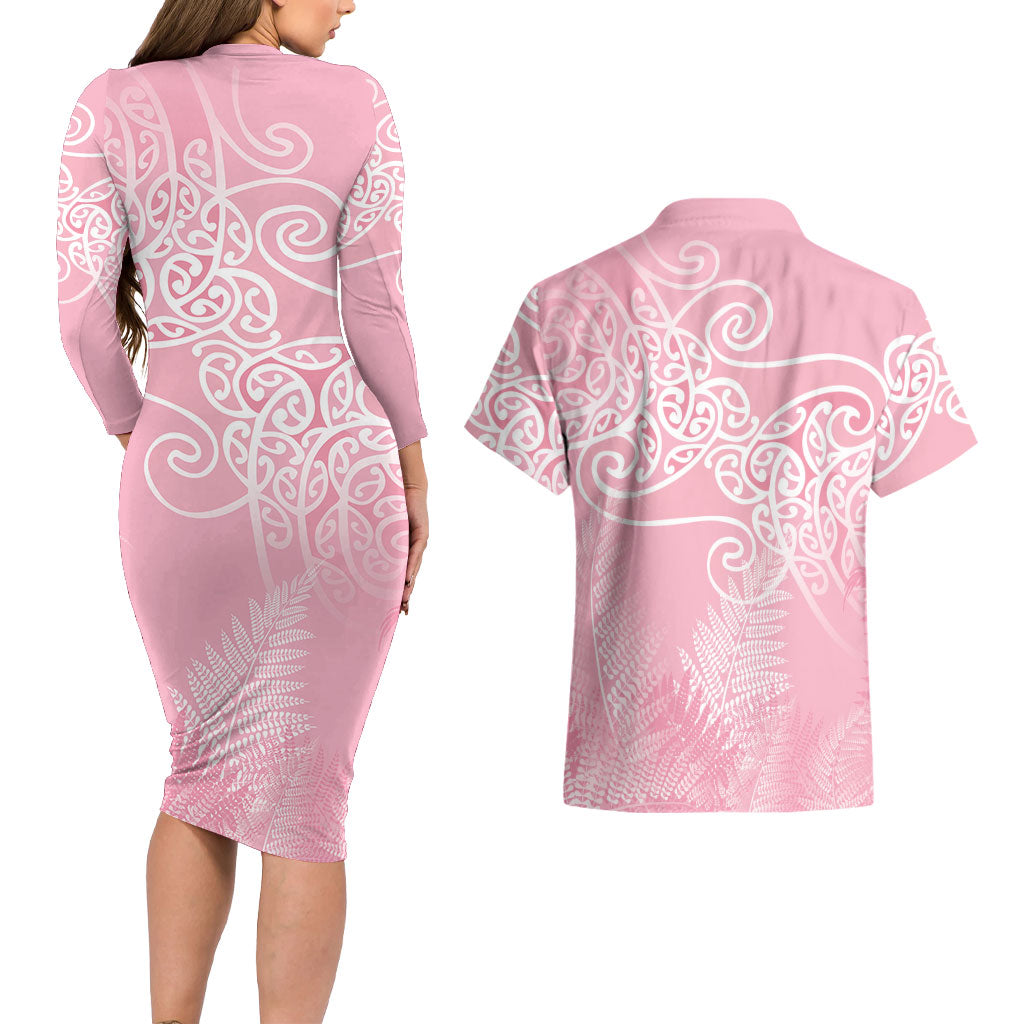 Aotearoa Maori Koru Curves Couples Matching Long Sleeve Bodycon Dress and Hawaiian Shirt Silver Ferns - Rose Pink LT7 - Polynesian Pride