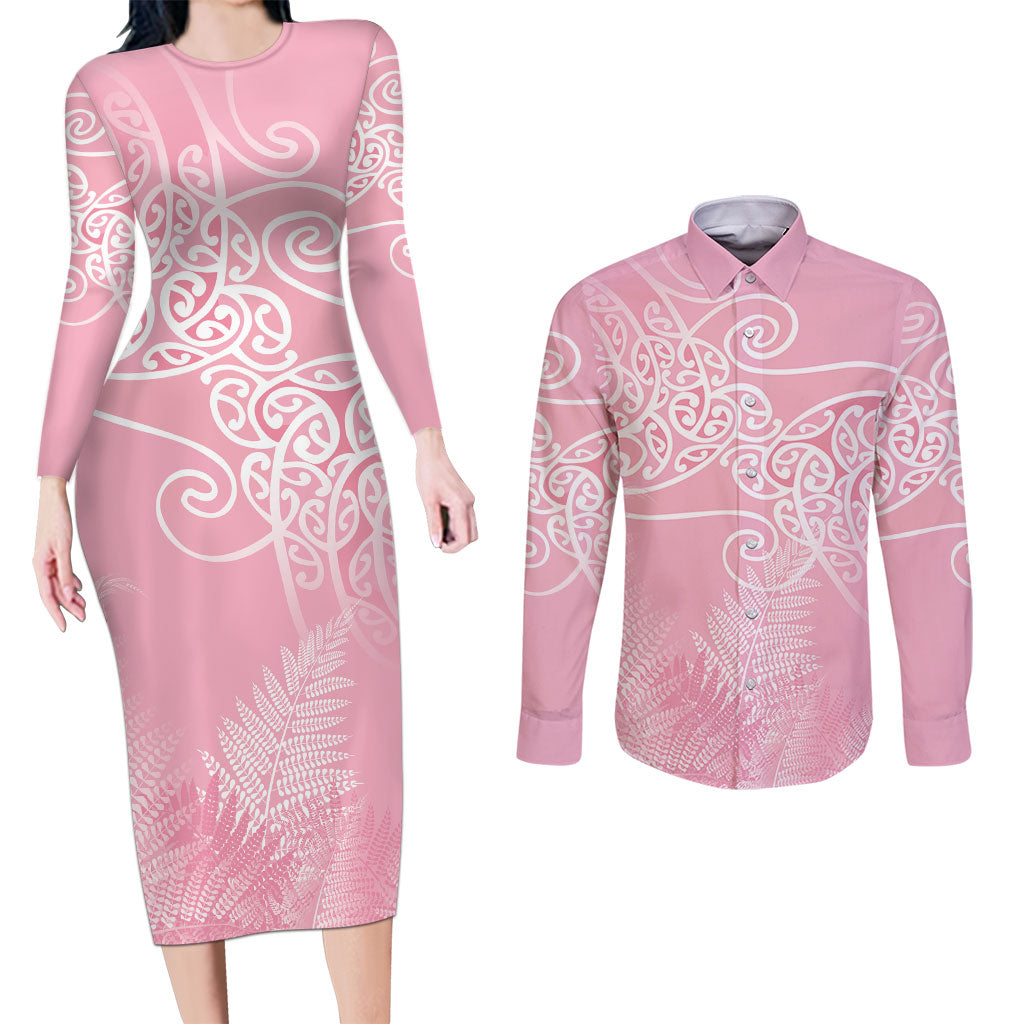 Aotearoa Maori Koru Curves Couples Matching Long Sleeve Bodycon Dress and Long Sleeve Button Shirt Silver Ferns - Rose Pink LT7 Pink - Polynesian Pride