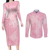 Aotearoa Maori Koru Curves Couples Matching Long Sleeve Bodycon Dress and Long Sleeve Button Shirt Silver Ferns - Rose Pink LT7 Pink - Polynesian Pride
