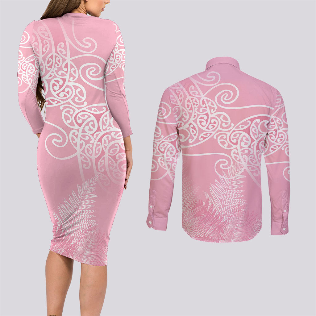 Aotearoa Maori Koru Curves Couples Matching Long Sleeve Bodycon Dress and Long Sleeve Button Shirt Silver Ferns - Rose Pink LT7 - Polynesian Pride