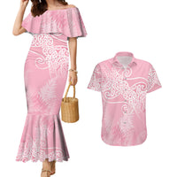 Aotearoa Maori Koru Curves Couples Matching Mermaid Dress and Hawaiian Shirt Silver Ferns - Rose Pink LT7 Pink - Polynesian Pride