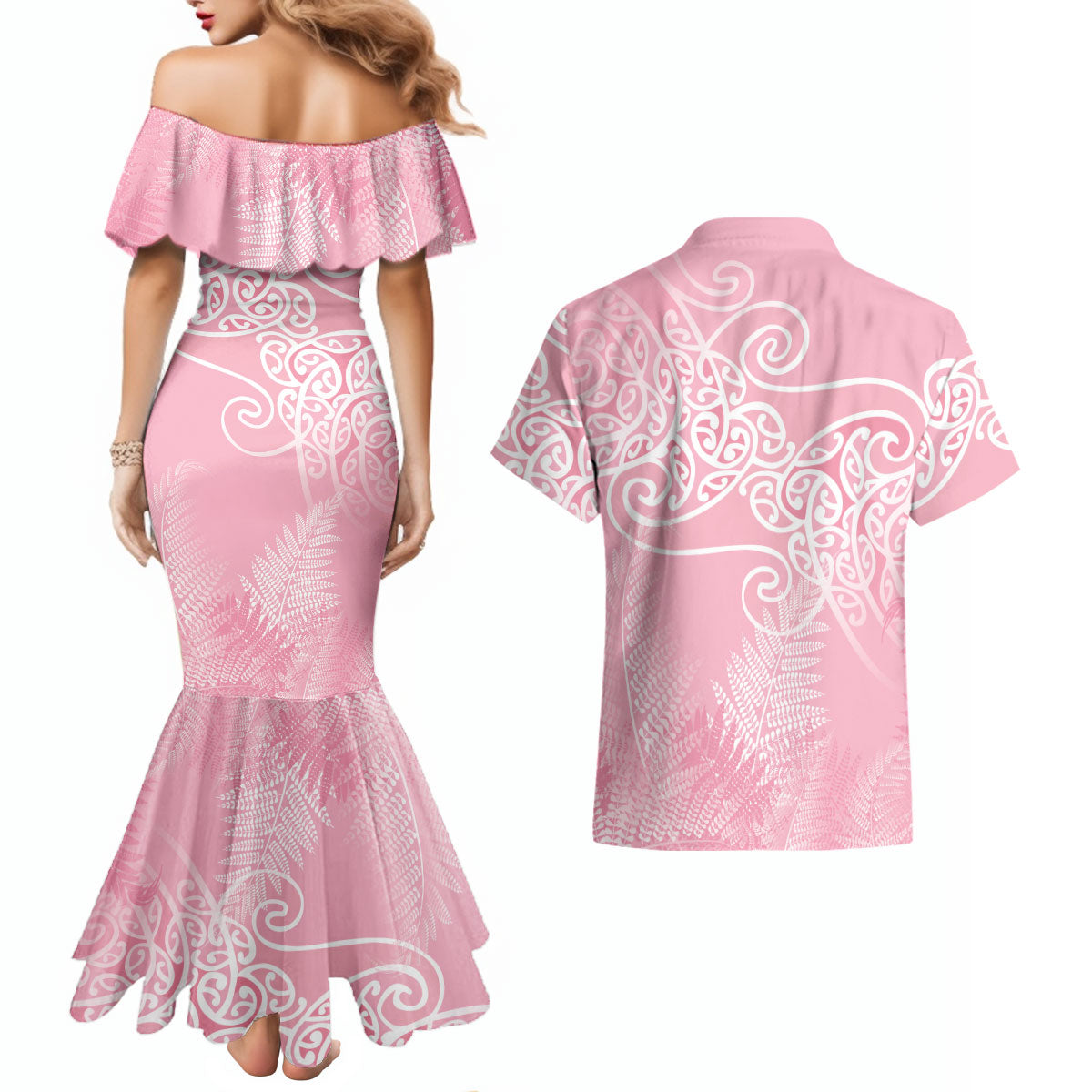 Aotearoa Maori Koru Curves Couples Matching Mermaid Dress and Hawaiian Shirt Silver Ferns - Rose Pink LT7 - Polynesian Pride