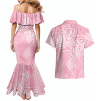 Aotearoa Maori Koru Curves Couples Matching Mermaid Dress and Hawaiian Shirt Silver Ferns - Rose Pink LT7 - Polynesian Pride