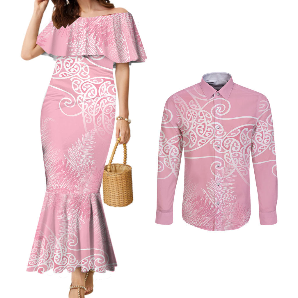 Aotearoa Maori Koru Curves Couples Matching Mermaid Dress and Long Sleeve Button Shirt Silver Ferns - Rose Pink LT7 Pink - Polynesian Pride