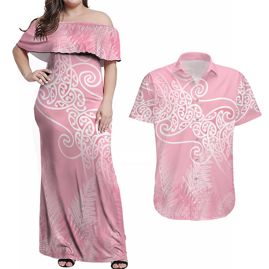 Aotearoa Maori Koru Curves Couples Matching Off Shoulder Maxi Dress and Hawaiian Shirt Silver Ferns - Rose Pink LT7 Pink - Polynesian Pride