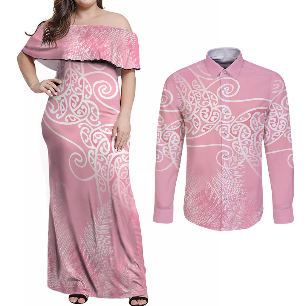 Aotearoa Maori Koru Curves Couples Matching Off Shoulder Maxi Dress and Long Sleeve Button Shirt Silver Ferns - Rose Pink LT7 Pink - Polynesian Pride