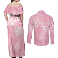 Aotearoa Maori Koru Curves Couples Matching Off Shoulder Maxi Dress and Long Sleeve Button Shirt Silver Ferns - Rose Pink LT7 - Polynesian Pride
