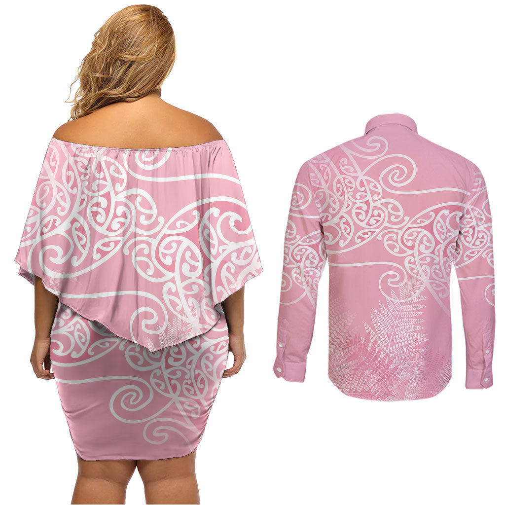 Aotearoa Maori Koru Curves Couples Matching Off Shoulder Short Dress and Long Sleeve Button Shirt Silver Ferns - Rose Pink LT7 - Polynesian Pride