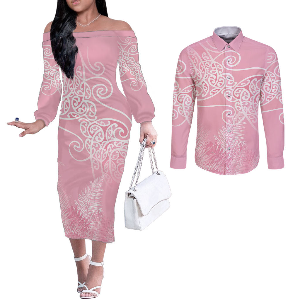 Aotearoa Maori Koru Curves Couples Matching Off The Shoulder Long Sleeve Dress and Long Sleeve Button Shirt Silver Ferns - Rose Pink LT7 Pink - Polynesian Pride