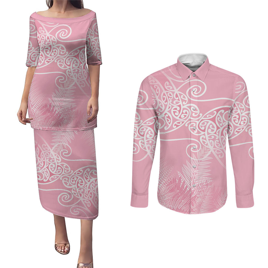 Aotearoa Maori Koru Curves Couples Matching Puletasi and Long Sleeve Button Shirt Silver Ferns - Rose Pink LT7 Pink - Polynesian Pride