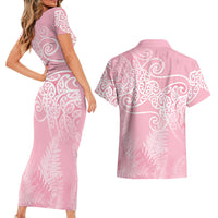 Aotearoa Maori Koru Curves Couples Matching Short Sleeve Bodycon Dress and Hawaiian Shirt Silver Ferns - Rose Pink LT7 - Polynesian Pride