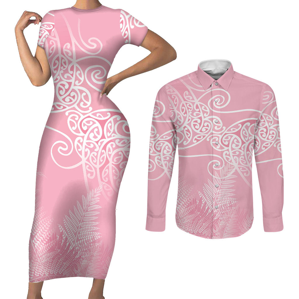 Aotearoa Maori Koru Curves Couples Matching Short Sleeve Bodycon Dress and Long Sleeve Button Shirt Silver Ferns - Rose Pink LT7 Pink - Polynesian Pride