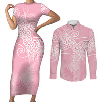 Aotearoa Maori Koru Curves Couples Matching Short Sleeve Bodycon Dress and Long Sleeve Button Shirt Silver Ferns - Rose Pink LT7 Pink - Polynesian Pride