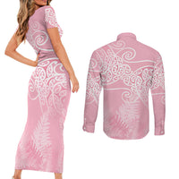 Aotearoa Maori Koru Curves Couples Matching Short Sleeve Bodycon Dress and Long Sleeve Button Shirt Silver Ferns - Rose Pink LT7 - Polynesian Pride