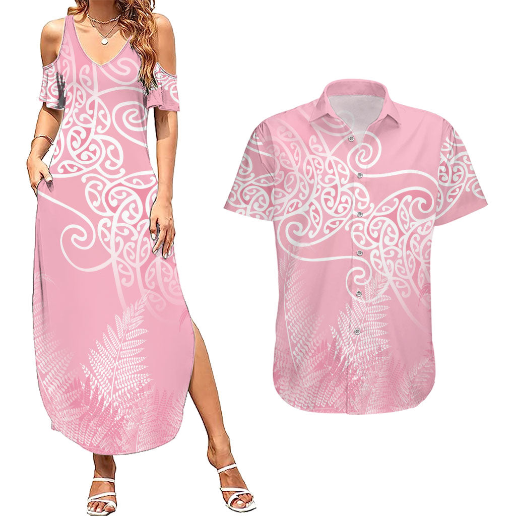 Aotearoa Maori Koru Curves Couples Matching Summer Maxi Dress and Hawaiian Shirt Silver Ferns - Rose Pink LT7 Pink - Polynesian Pride