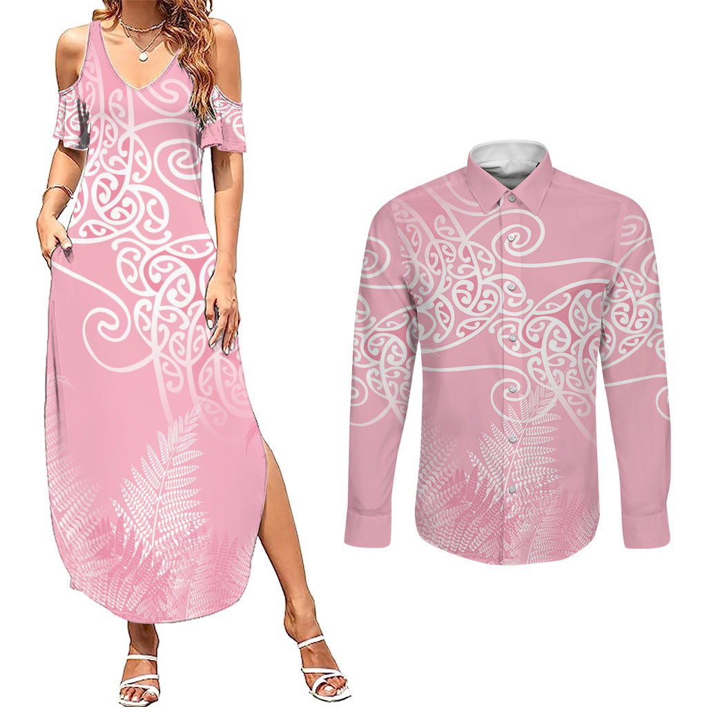 Aotearoa Maori Koru Curves Couples Matching Summer Maxi Dress and Long Sleeve Button Shirt Silver Ferns - Rose Pink LT7 Pink - Polynesian Pride