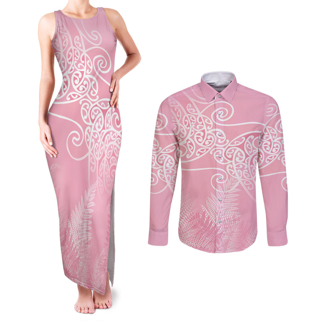 Aotearoa Maori Koru Curves Couples Matching Tank Maxi Dress and Long Sleeve Button Shirt Silver Ferns - Rose Pink LT7 Pink - Polynesian Pride