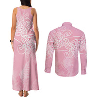 Aotearoa Maori Koru Curves Couples Matching Tank Maxi Dress and Long Sleeve Button Shirt Silver Ferns - Rose Pink LT7 - Polynesian Pride