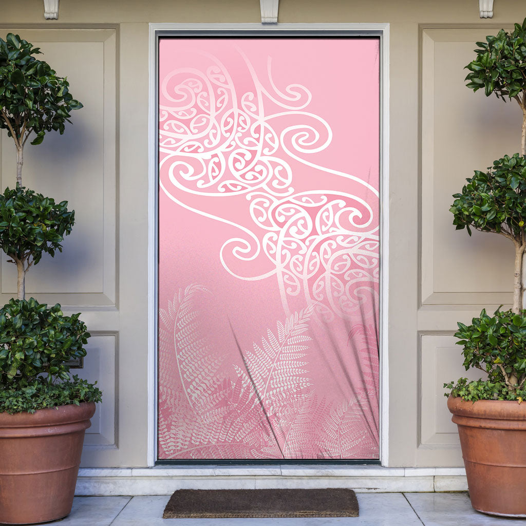Aotearoa Maori Koru Curves Door Cover Silver Ferns - Rose Pink LT7 Pink - Polynesian Pride