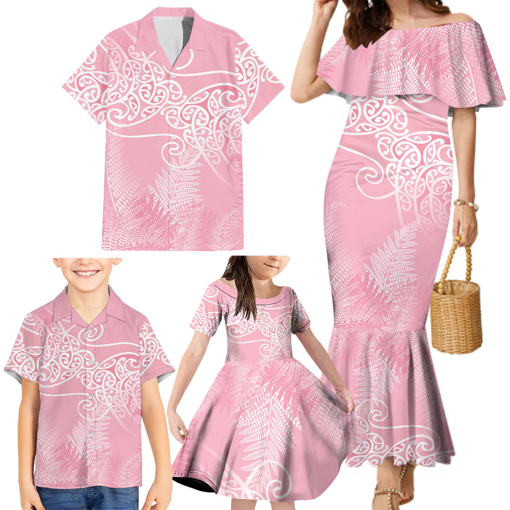 Aotearoa Maori Koru Curves Family Matching Mermaid Dress and Hawaiian Shirt Silver Ferns - Rose Pink