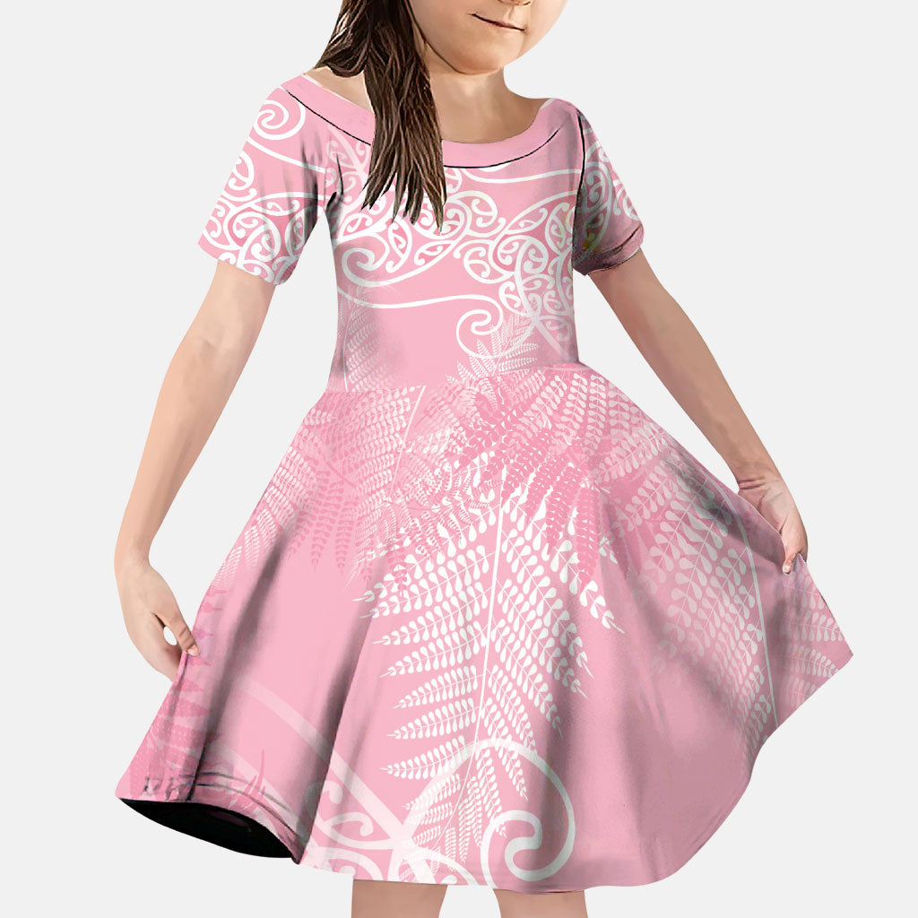 Aotearoa Maori Koru Curves Family Matching Off Shoulder Maxi Dress and Hawaiian Shirt Silver Ferns - Rose Pink LT7 Daughter's Dress Pink - Polynesian Pride