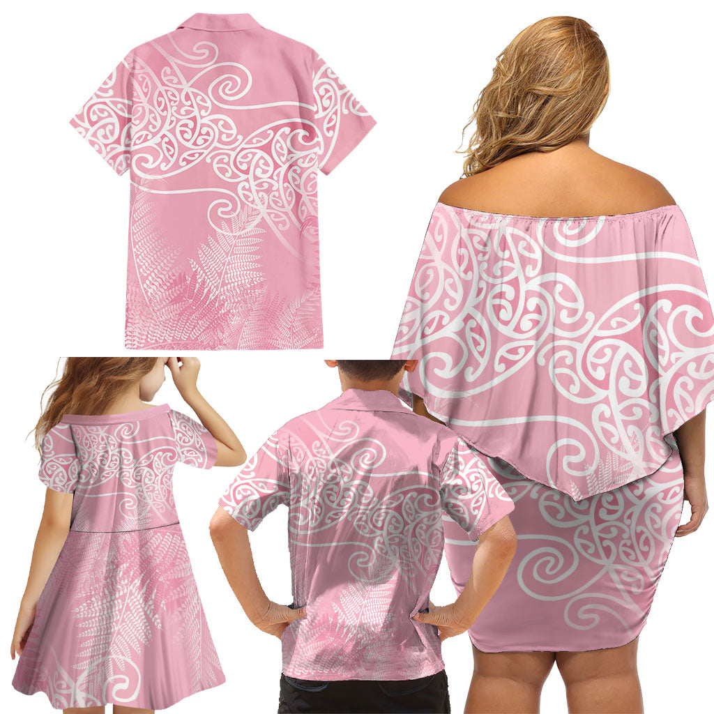 Aotearoa Maori Koru Curves Family Matching Off Shoulder Short Dress and Hawaiian Shirt Silver Ferns - Rose Pink LT7 - Polynesian Pride