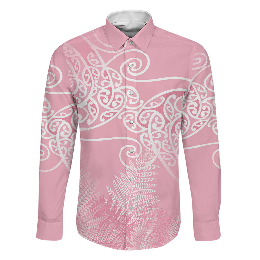 Aotearoa Maori Koru Curves Family Matching Off Shoulder Short Dress and Hawaiian Shirt Silver Ferns - Rose Pink LT7 Dad's Shirt - Long Sleeve Pink - Polynesian Pride
