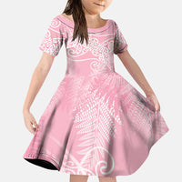 Aotearoa Maori Koru Curves Family Matching Puletasi and Hawaiian Shirt Silver Ferns - Rose Pink LT7 Daughter's Dress Pink - Polynesian Pride
