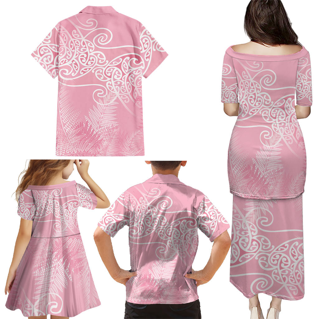 Aotearoa Maori Koru Curves Family Matching Puletasi and Hawaiian Shirt Silver Ferns - Rose Pink LT7 - Polynesian Pride