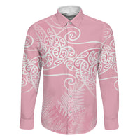 Aotearoa Maori Koru Curves Family Matching Short Sleeve Bodycon Dress and Hawaiian Shirt Silver Ferns - Rose Pink LT7 Dad's Shirt - Long Sleeve Pink - Polynesian Pride