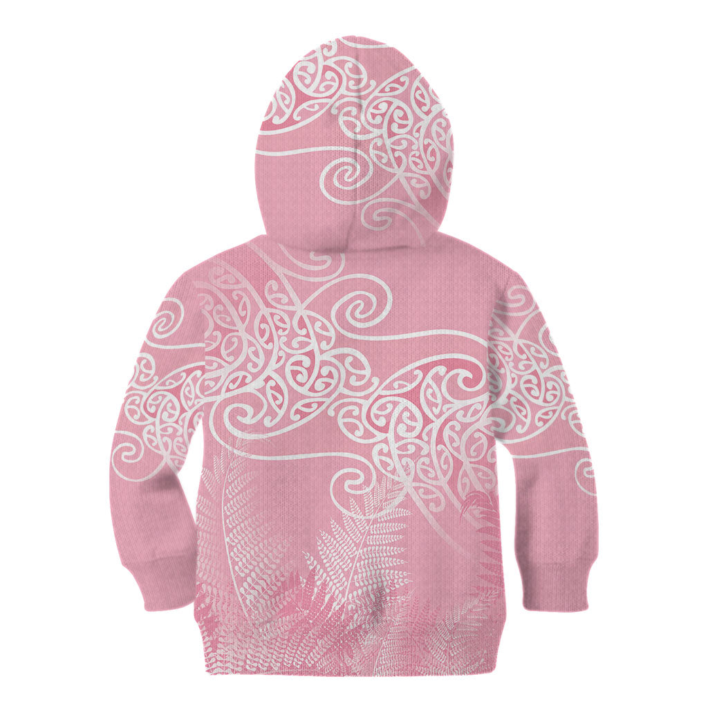 Aotearoa Maori Koru Curves Kid Hoodie Silver Ferns - Rose Pink