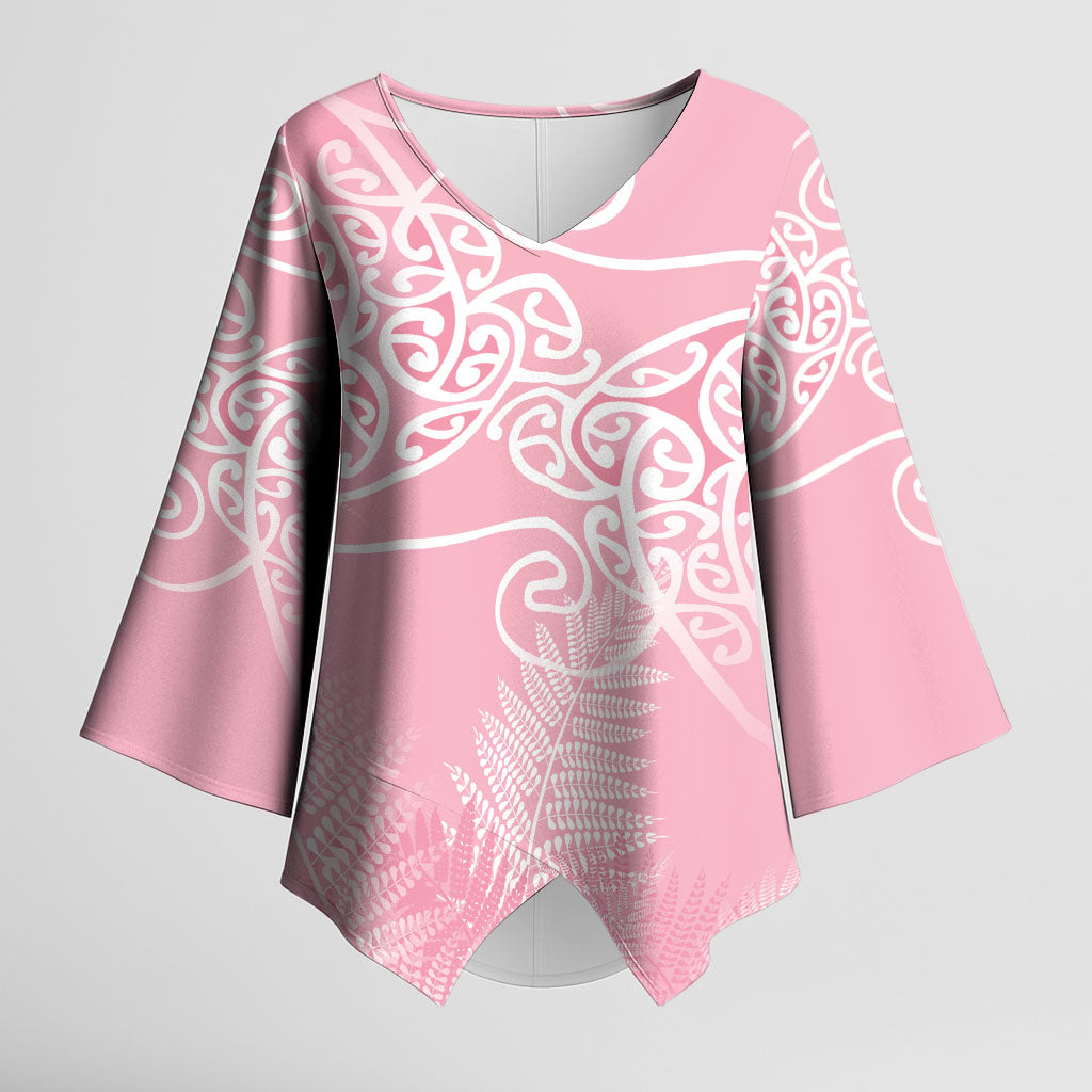 Aotearoa Maori Koru Curves Kimono Sleeve Blouse Silver Ferns - Rose Pink