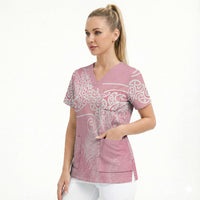 Aotearoa Maori Koru Curves Scrub Top Silver Ferns - Rose Pink