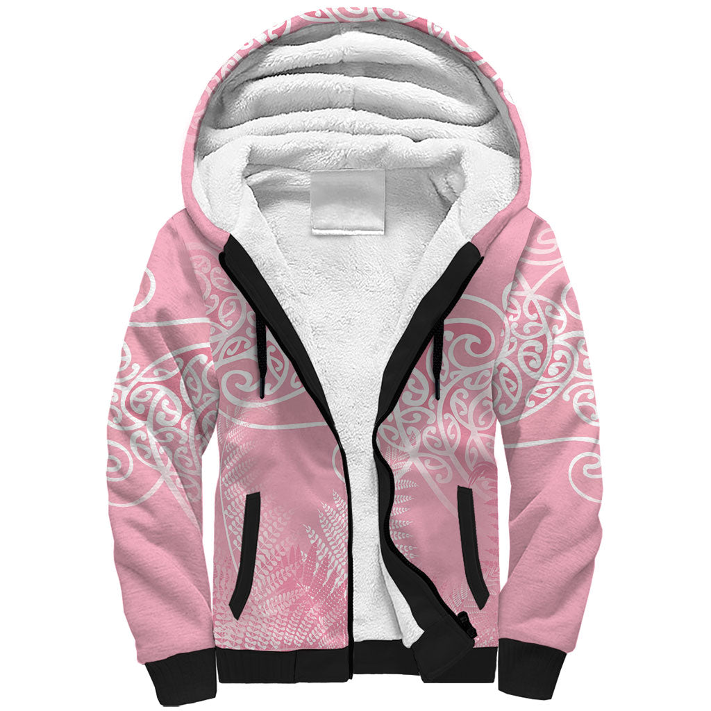 Aotearoa Maori Koru Curves Sherpa Hoodie Silver Ferns - Rose Pink LT7 Unisex Pink - Polynesian Pride