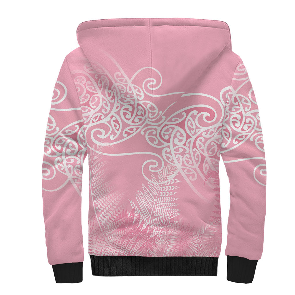 Aotearoa Maori Koru Curves Sherpa Hoodie Silver Ferns - Rose Pink LT7 - Polynesian Pride