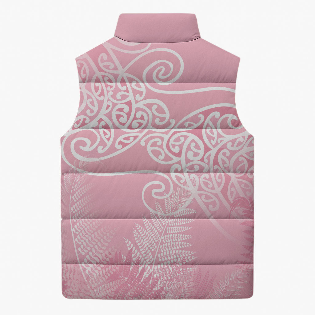 Aotearoa Maori Koru Curves Sleeveless Puffer Jacket Silver Ferns - Rose Pink