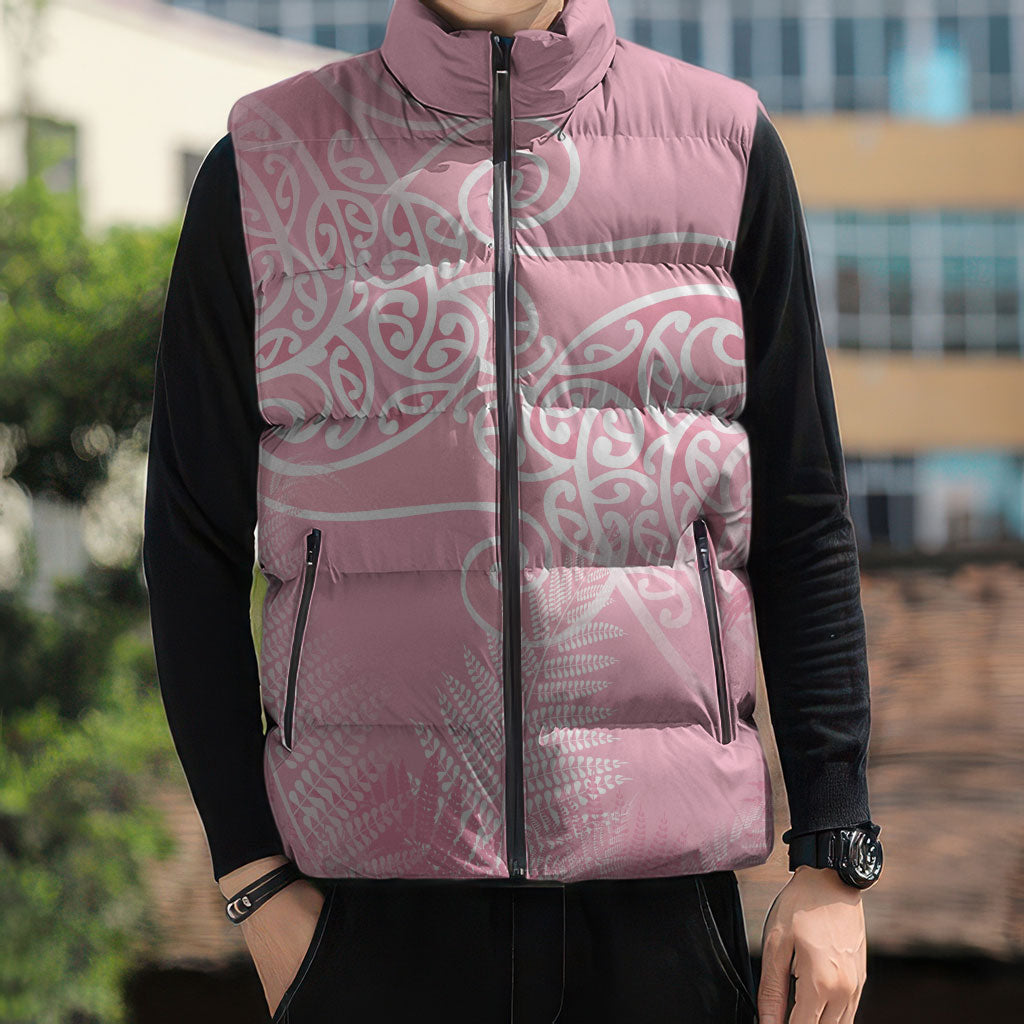 Aotearoa Maori Koru Curves Sleeveless Puffer Jacket Silver Ferns - Rose Pink
