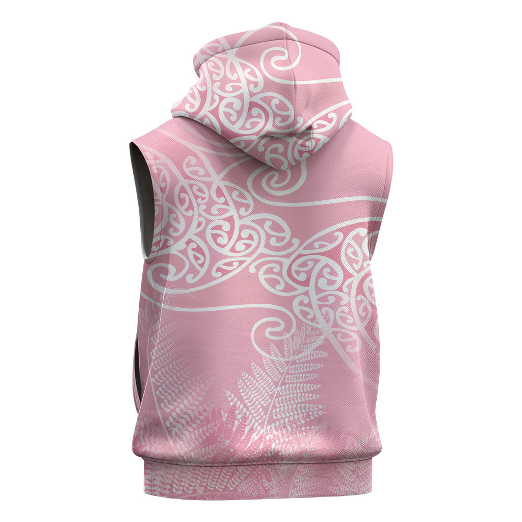 Aotearoa Maori Koru Curves Sleeveless Zip Hoodie Silver Ferns - Rose Pink