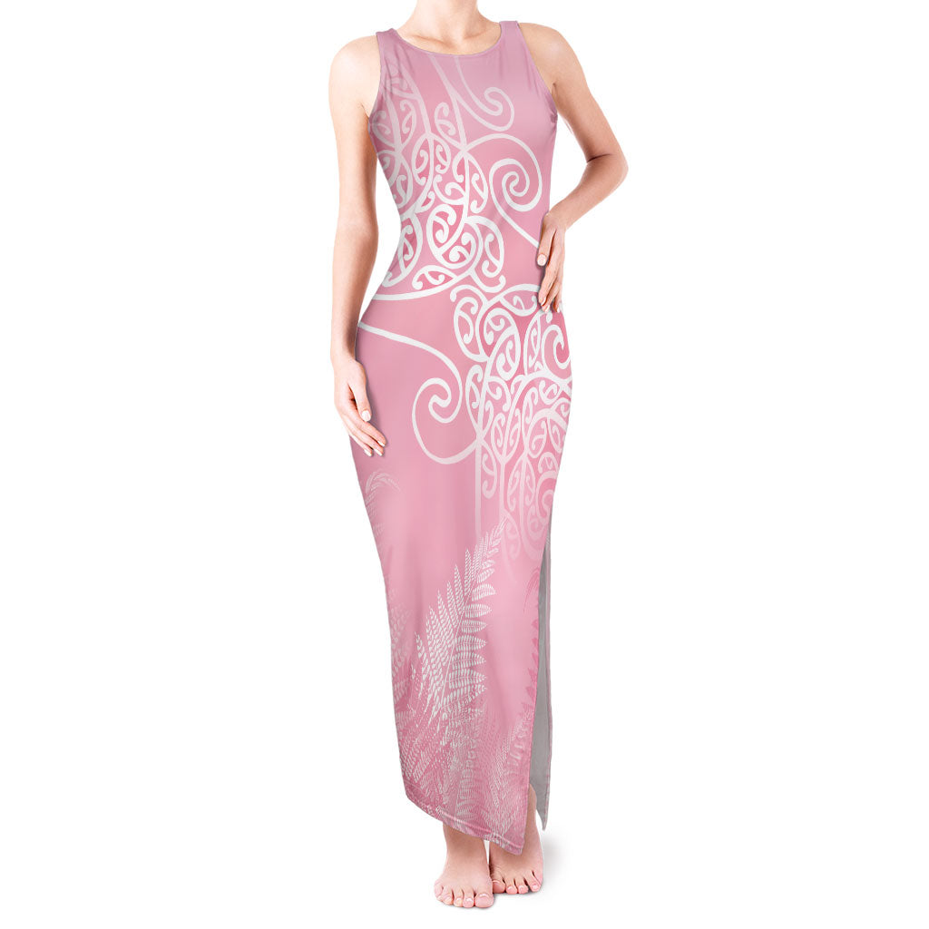Aotearoa Maori Koru Curves Tank Maxi Dress Silver Ferns - Rose Pink LT7 Women Pink - Polynesian Pride