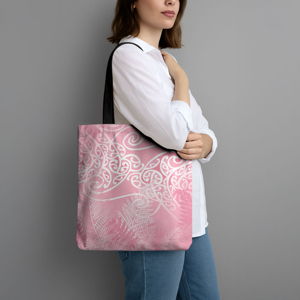 Aotearoa Maori Koru Curves Tote Bag Silver Ferns - Rose Pink