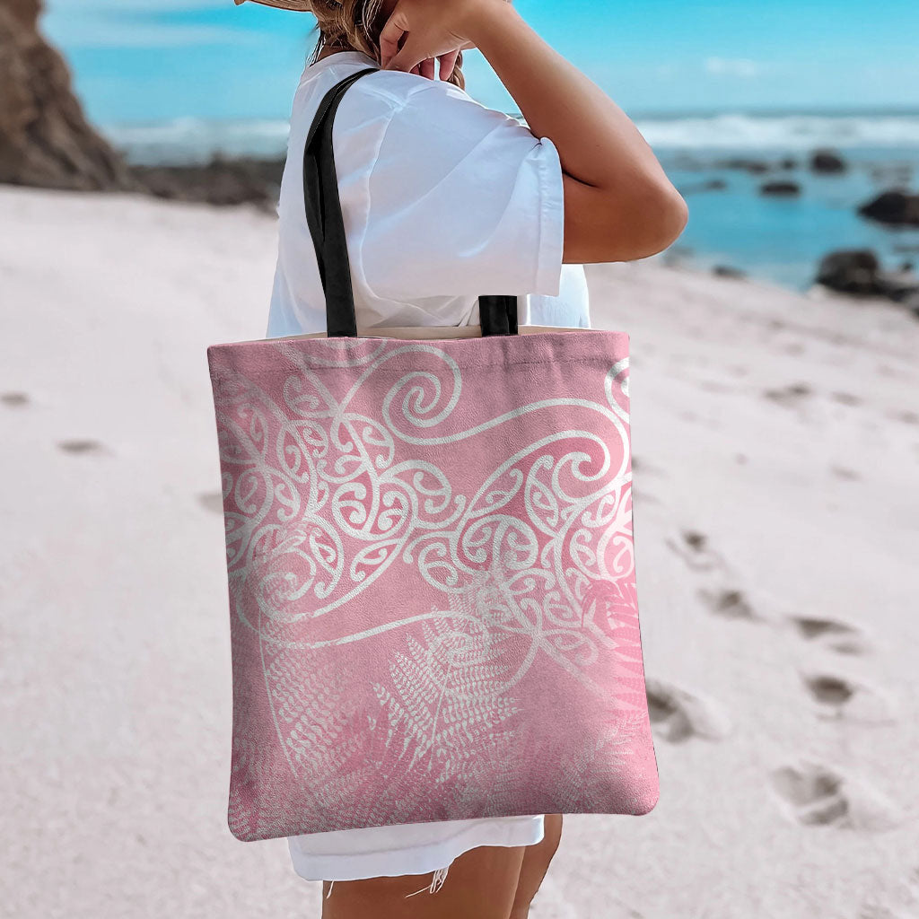 Aotearoa Maori Koru Curves Tote Bag Silver Ferns - Rose Pink