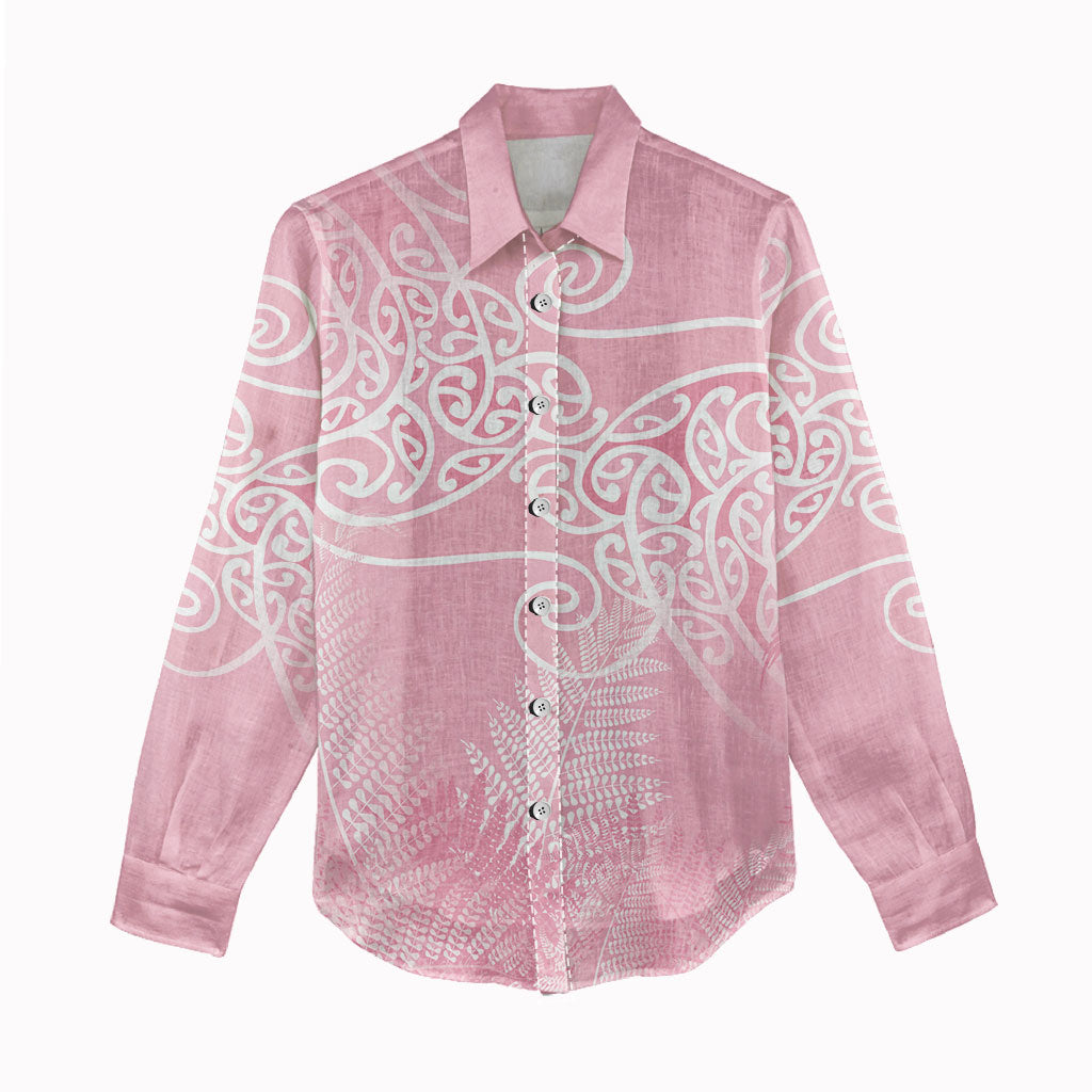 Aotearoa Maori Koru Curves Women Casual Shirt Silver Ferns - Rose Pink