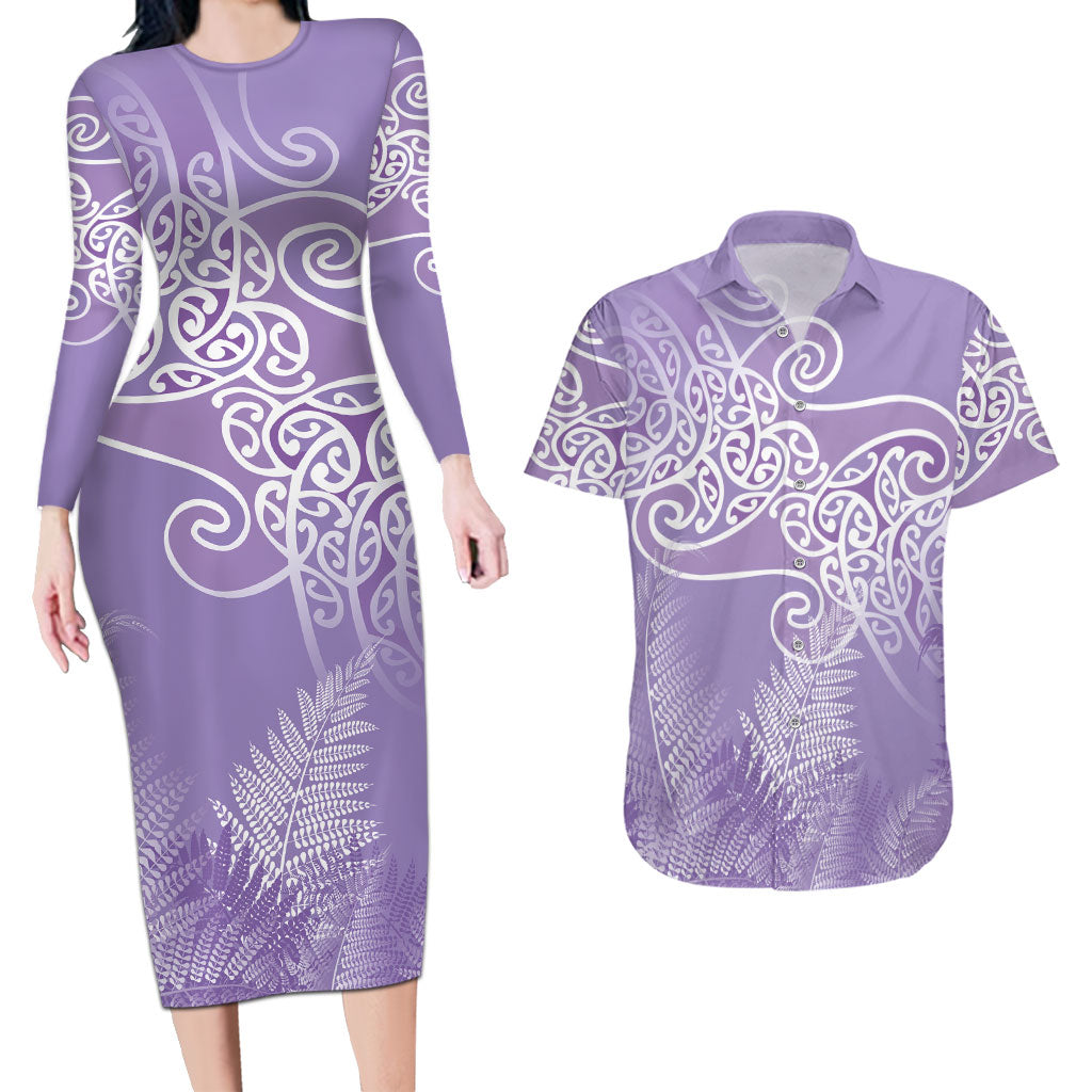 Aotearoa Maori Koru Curves Couples Matching Long Sleeve Bodycon Dress and Hawaiian Shirt Silver Ferns - Amethyst LT7 Purple - Polynesian Pride