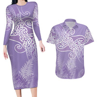 Aotearoa Maori Koru Curves Couples Matching Long Sleeve Bodycon Dress and Hawaiian Shirt Silver Ferns - Amethyst LT7 Purple - Polynesian Pride
