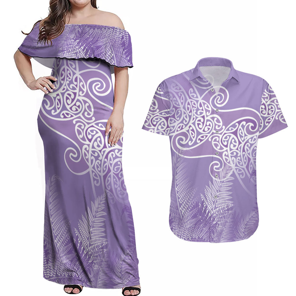 Aotearoa Maori Koru Curves Couples Matching Off Shoulder Maxi Dress and Hawaiian Shirt Silver Ferns - Amethyst LT7 Purple - Polynesian Pride