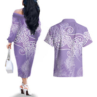 Aotearoa Maori Koru Curves Couples Matching Off The Shoulder Long Sleeve Dress and Hawaiian Shirt Silver Ferns - Amethyst LT7 - Polynesian Pride