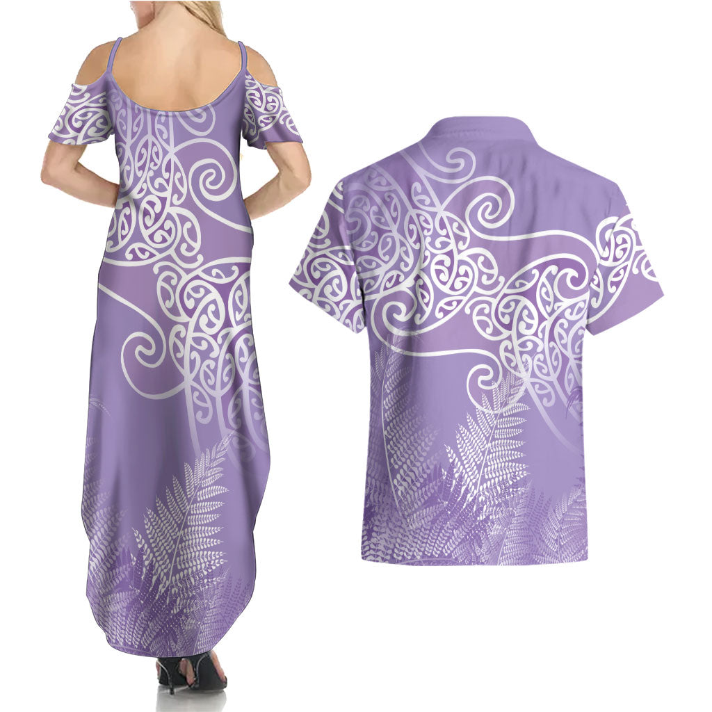 Aotearoa Maori Koru Curves Couples Matching Summer Maxi Dress and Hawaiian Shirt Silver Ferns - Amethyst LT7 - Polynesian Pride