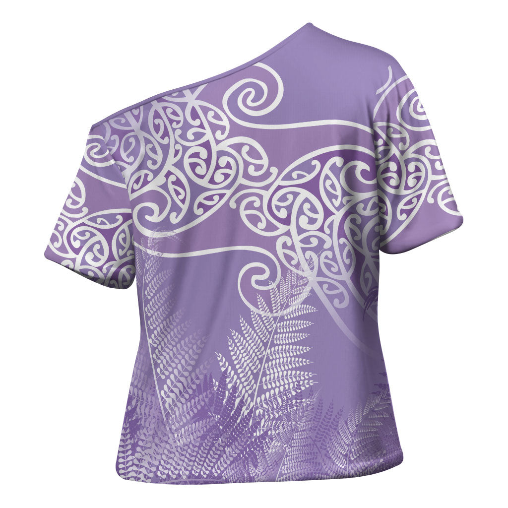 Aotearoa Maori Koru Curves Cross Shoulder Shirt Silver Ferns - Amethyst