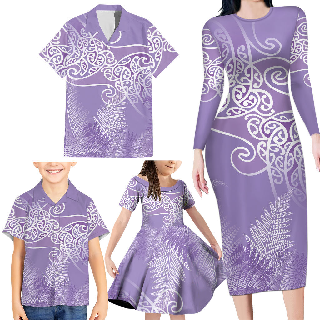 Aotearoa Maori Koru Curves Family Matching Long Sleeve Bodycon Dress and Hawaiian Shirt Silver Ferns - Amethyst LT7 - Polynesian Pride