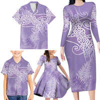 Aotearoa Maori Koru Curves Family Matching Long Sleeve Bodycon Dress and Hawaiian Shirt Silver Ferns - Amethyst LT7 - Polynesian Pride
